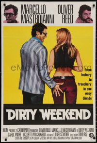 9w008 DIRTY WEEKEND English 1sh 1973 Marcello Mastroianni grabs sexy Carole Andre's backside!
