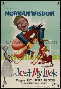 9w019 JUST MY LUCK English 1sh 1957 art/image of laughing Norman Wisdom, really cool horse!