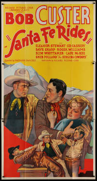 9x028 SANTA FE RIDES 3sh 1937 art of cowboy Bob Custer rescuing Eleanor Stewart from bad guys!