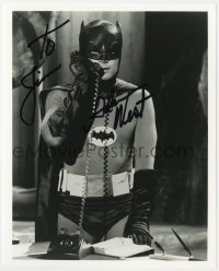 9y822 ADAM WEST signed 8x10 REPRO still 1980s great c/u in costume as Batman talking on phone!