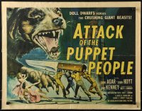 9z295 ATTACK OF THE PUPPET PEOPLE 1/2sh 1958 Brown art of tiny people w/ knife attacking dog!