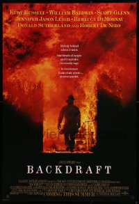 1c507 BACKDRAFT advance 1sh 1991 firefighter Kurt Russell in blaze, directed by Ron Howard!