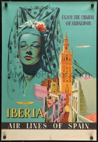 1c078 IBERIA ANDALUSIA 19x27 Spanish travel poster 1950s Lockheed Constellation, wonderful art!