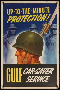 1c058 GULF CAR-SAVER SERVICE 28x42 WWII war poster 1942 soldiers, up-to-the-minute protection!