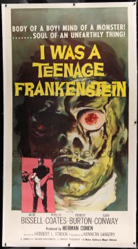1d010 I WAS A TEENAGE FRANKENSTEIN linen int'l 3sh 1957 wonderful c/u art of monster + w/girl, rare!