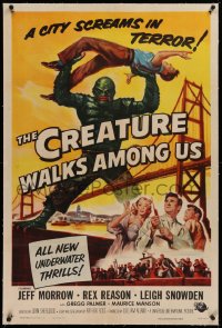1d061 CREATURE WALKS AMONG US linen 1sh 1956 Reynold Brown art of monster over Golden Gate Bridge!