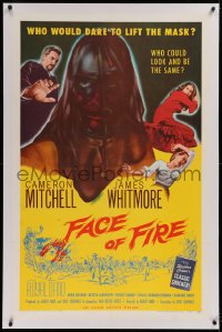 1d069 FACE OF FIRE linen 1sh 1959 Albert Band, wild horror art, would you dare lift the mask?