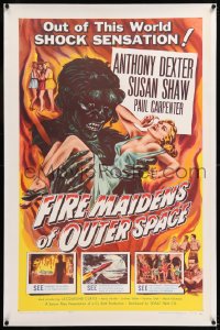 1d071 FIRE MAIDENS OF OUTER SPACE linen 1sh 1956 great Kallis art of monster holding sexy blonde!