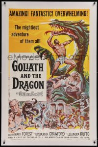 1d076 GOLIATH & THE DRAGON linen 1sh 1960 Reynold Brown art of Mark Forest battling the giant beast!