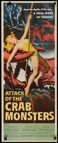 1d134 ATTACK OF THE CRAB MONSTERS insert 1957 Roger Corman, best art of sexy girl grabbed by beast!