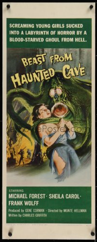 1d028 BEAST FROM HAUNTED CAVE linen insert 1959 uncensored art of monster w/ sexy near-naked victim!