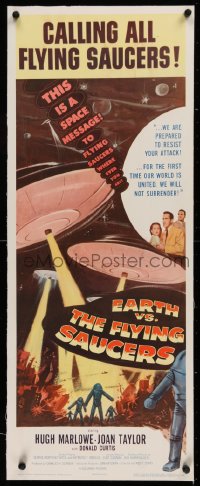 1d029 EARTH VS. THE FLYING SAUCERS linen insert 1956 Ray Harryhausen, cool art of UFOs and aliens!