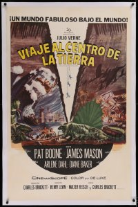 1d089 JOURNEY TO THE CENTER OF THE EARTH linen Spanish/US 1sh 1959 Jules Verne, great monster art!