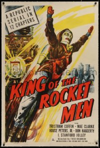 1d090 KING OF THE ROCKET MEN linen 1sh 1949 cool pulp-like art of him flying, Republic serial, rare!