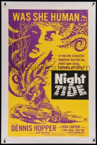1d098 NIGHT TIDE linen 1sh 1963 lovers caught in a dark tide of sinister TERROR, Dennis Hopper!