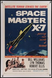 1d115 SPACE MASTER X-7 linen 1sh 1958 satellite terror strikes the Earth, cool art of rocket ship!