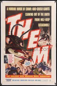 1d122 THEM linen 1sh 1954 classic sci-fi, cool art of horror horde of giant bugs terrorizing people!