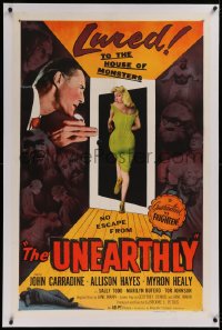 1d125 UNEARTHLY linen 1sh 1957 John Carradine, sexy Sally Todd is lured to the house of monsters!