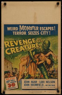 1d142 REVENGE OF THE CREATURE 3D WC 1955 great Reynold Brown art of monster holding girl, rare!