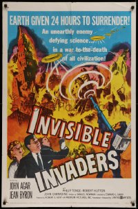 1f124 INVISIBLE INVADERS 1sh 1959 cool artwork of alien who gives Earth 24 hours to surrender!