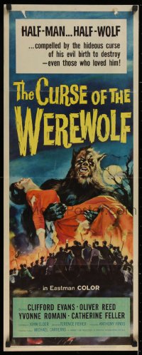 1g090 CURSE OF THE WEREWOLF insert 1961 Hammer, art of Oliver Reed holding victim surrounded by mob