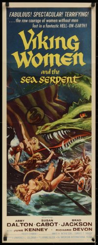 1g100 VIKING WOMEN & THE SEA SERPENT insert 1958 art of sexy female warriors attacked on ship!