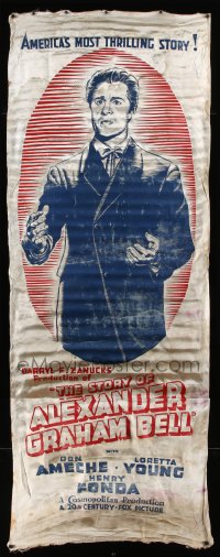1h021 STORY OF ALEXANDER GRAHAM BELL 40x103 silk banner 1939 art of Don Ameche as the inventor, rare!