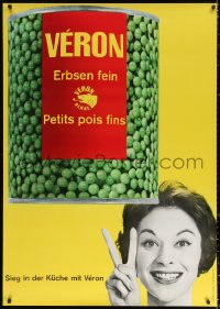 1h061 VERON 36x50 Swiss advertising poster 1959 can of peas & gorgeous woman showing victory sign!