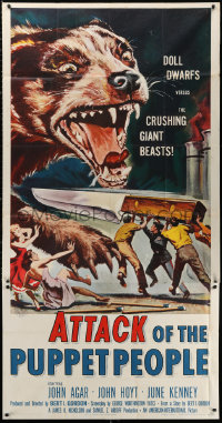 1j241 ATTACK OF THE PUPPET PEOPLE 3sh 1958 art of tiny people with knife attacking giant dog!