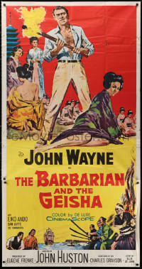 1j243 BARBARIAN & THE GEISHA 3sh 1958 John Huston, art of John Wayne with torch & Eiko Ando!
