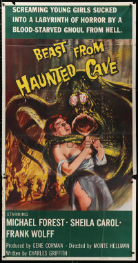 1j246 BEAST FROM HAUNTED CAVE 3sh 1959 uncensored art of monster with sexy near-naked victim!