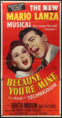 1j248 BECAUSE YOU'RE MINE 3sh 1952 enormous c/u art of singing Mario Lanza, songs, fun & romance!