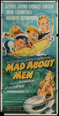 1j063 MAD ABOUT MEN English 3sh 1954 art of sexy mermaid Glynis Johns & co-stars on boat!
