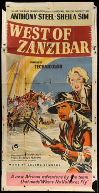 1j074 WEST OF ZANZIBAR English 3sh 1954 art of Anthony Steel & Sheila Sim by ship, Ealing, rare!