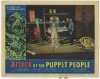1k228 ATTACK OF THE PUPPET PEOPLE LC #7 1958 tiny man finds tiny woman trapped inside glass tube!
