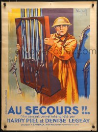 1p531 AU SECOURS French 24x32 1925 art of soldier Harry Piel carrying gun rack by Gaillant!