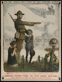 1r133 AMERICAN OUVROIR FUNDS 24x32 WWI war poster 1918 Jonas art of soldier & kids by grave!