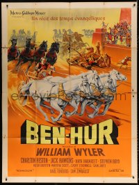 1s585 BEN-HUR French 1p 1960 incredible art of Charlton Heston in chariot race by Roger Soubie!