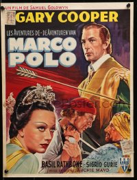 1y380 ADVENTURES OF MARCO POLO Belgian R1950s art of Gary Cooper, Basil Rathbone, Sigrid Gurie!