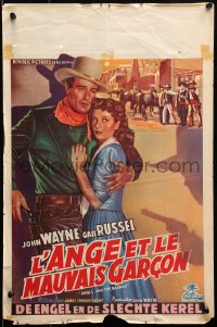 1y382 ANGEL & THE BADMAN Belgian 1950 different art of cowboy John Wayne protecting Gail Russell!