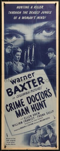 1y078 CRIME DOCTOR'S MAN HUNT insert 1946 detective Warner Baxter, from famous radio program!
