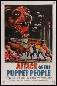 1z018 ATTACK OF THE PUPPET PEOPLE linen 1sh 1958 Brown art of tiny people with knife attacking dog!