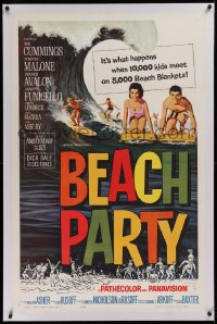 1z025 BEACH PARTY linen 1sh 1963 Frankie Avalon & Annette Funicello riding a wave on surf boards!