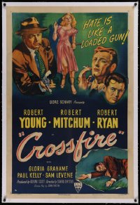 1z064 CROSSFIRE linen 1sh 1947 Young, Mitchum, Ryan, Grahame, hate is like a loaded gun, very rare!
