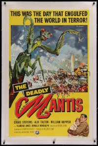 1z070 DEADLY MANTIS linen 1sh 1957 classic art of giant insect by Washington Monument by Ken Sawyer!