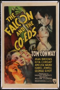 1z093 FALCON & THE CO-EDS linen 1sh 1943 art of detective Tom Conway & pretty ladies under knife!