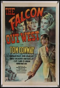 1z097 FALCON OUT WEST linen 1sh 1944 great art of Tom Conway as The Falcon with three sexy suspects!