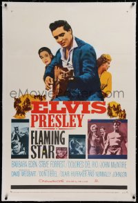 1z105 FLAMING STAR linen style B 1sh 1960 Elvis Presley w/ guitar & shirtless, Barbara Eden, Del Rio!
