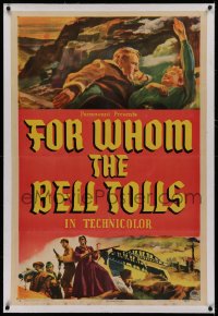 1z110 FOR WHOM THE BELL TOLLS linen style B 1sh 1943 Seguso art of Gary Cooper & Ingrid Bergman, rare!