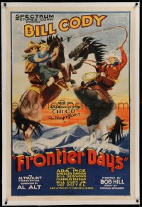 1z116 FRONTIER DAYS linen 1sh 1934 art of Bill Cody whipping enemy, both on rearing horses, rare!